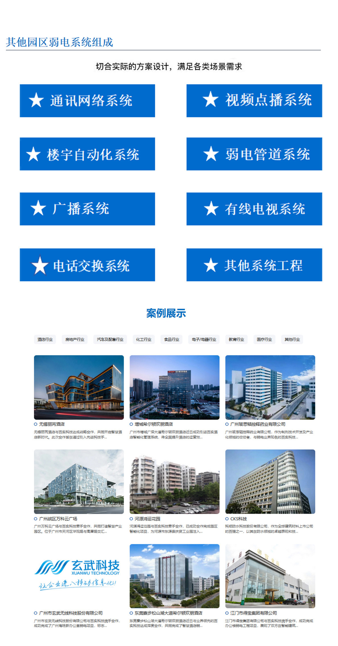 5科技園,工業園,商業園,產業園,農業園,物流園等園區訊通網絡系統，園區視頻點播系統,園區樓宇自動化系統,園區弱電管道系統,園區廣播系統，園區有無線電視系統,園區會議系統,園區電話交換系統等其他園區弱電系統，切合實際的方案設計，滿足各類場景需求